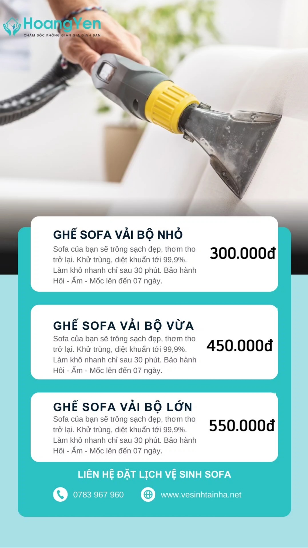 Bảng giá dịch vụ vệ sinh ghế sofa vải tại Vệ Sinh Hoàng Yến